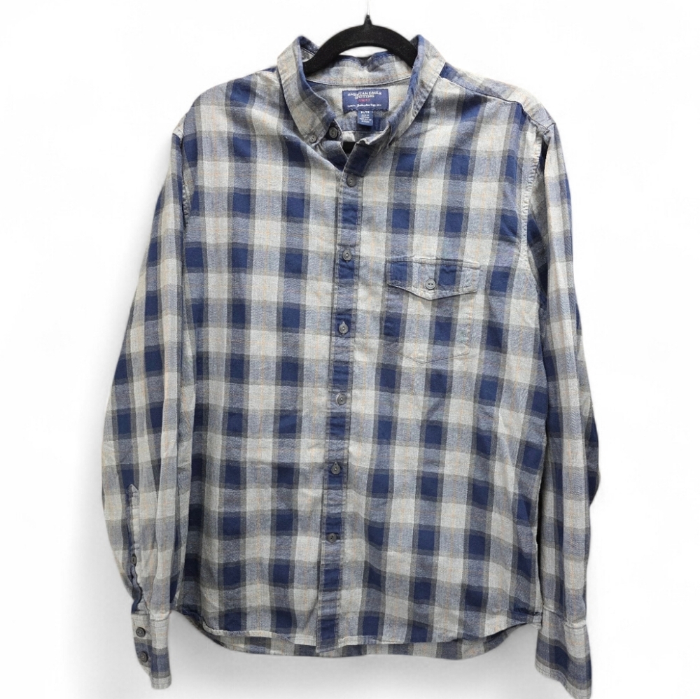 American Eagle Outfitters Slim Fit Plaid Button Up Shirt‎ Men's XL Blue Gray